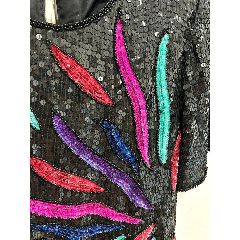 Vintage Stenay Black Sequin Beaded Top Colorful Embellishments Artsy Bold - Picture 4 of 10